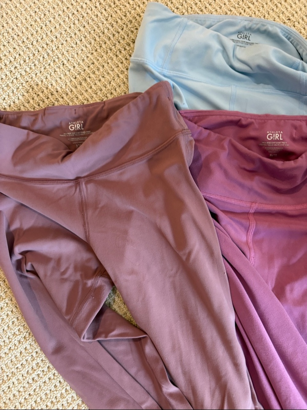 Athleta Girl Leggings Trio in Dusty Blue, Mauve, and Lavender